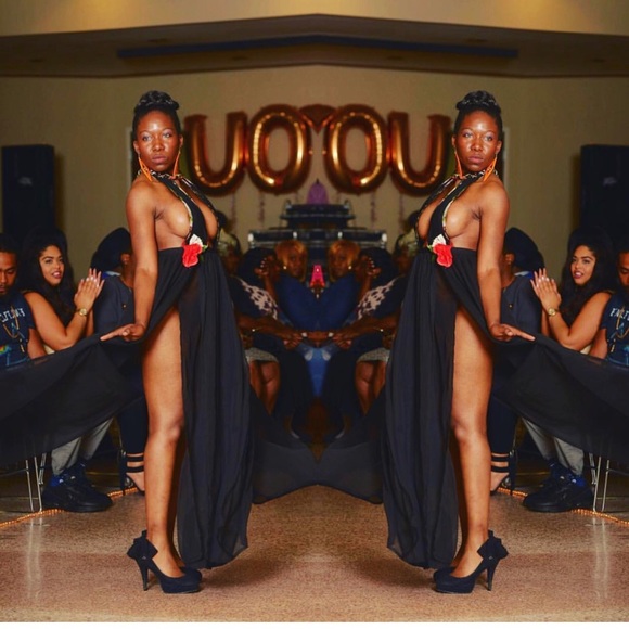 Custom made Black Chiffon dress with high splits - Picture 2 of 2